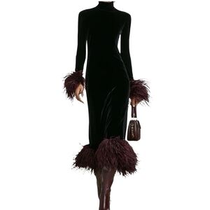 Modesees Black Velvet Midi Dress with Plum Feather Cuffs and Hem